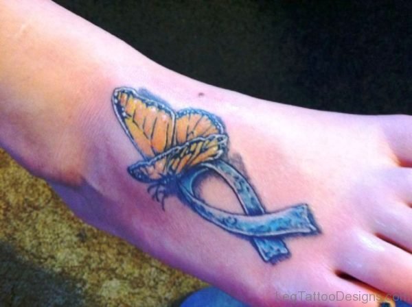Blue Cancer Ribbon Tattoo With Butterfly