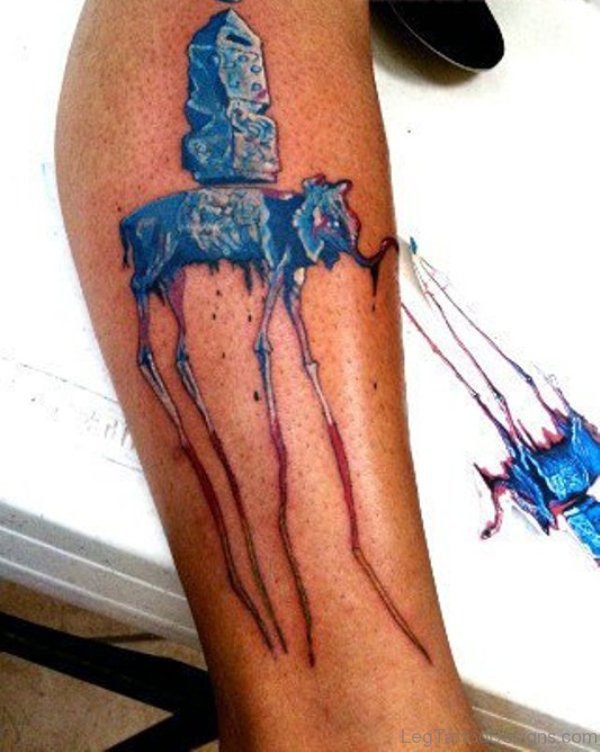 Blue Dali Elephant Tattoo On Leg