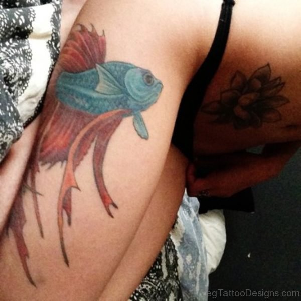 Blue Fish Thigh Tattoo