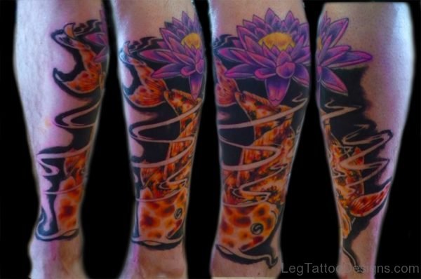 Blue Flower And Fish Tattoo