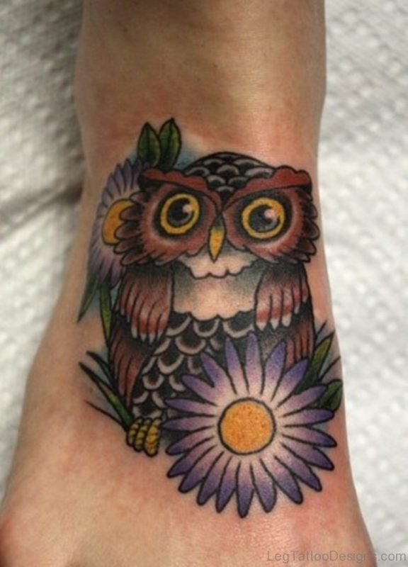 Blue Flower And Owl Tattoo