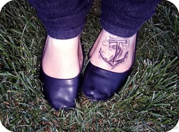 Blue Ink Anchor Foot Tattoo