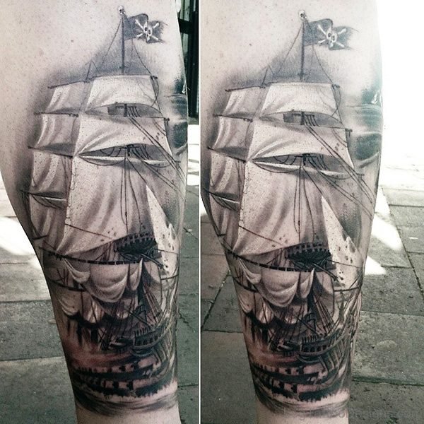 Boat Tattoo On Calf