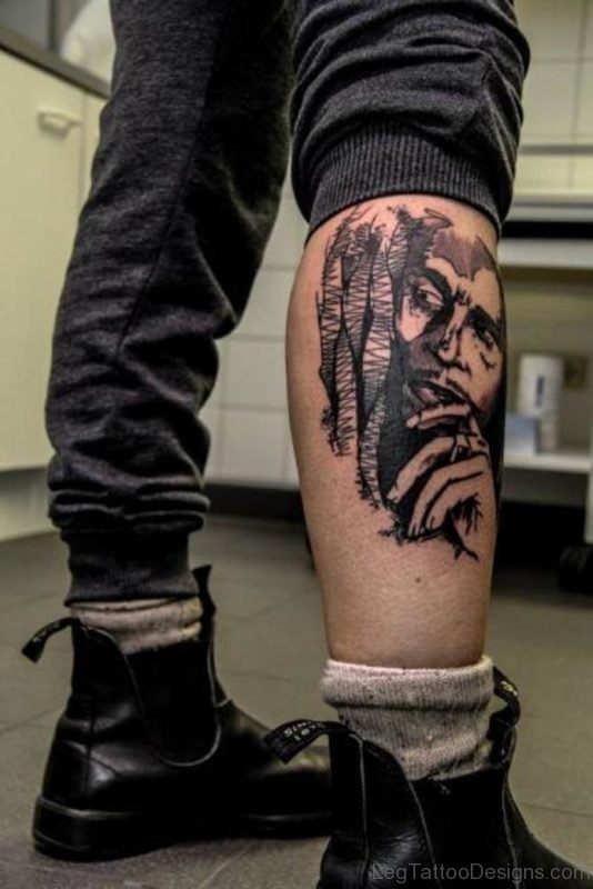 Bob Marley Portrait Tattoo On Leg