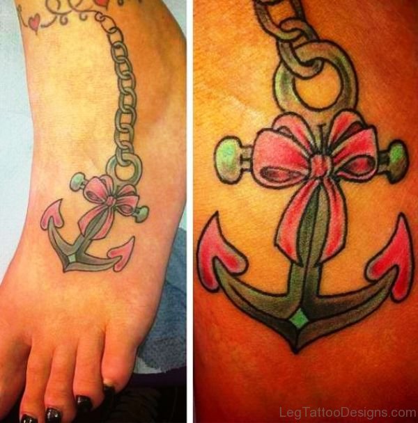 Bow With Anchor Tattoo On Foot