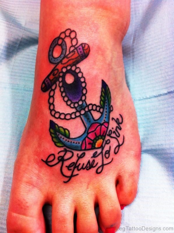 Brilliant Colorful Anchor Tattoo On Foot