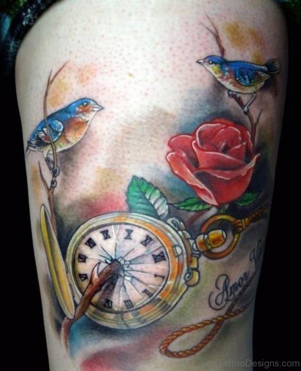 Broken Clock Tattoo On Thigh