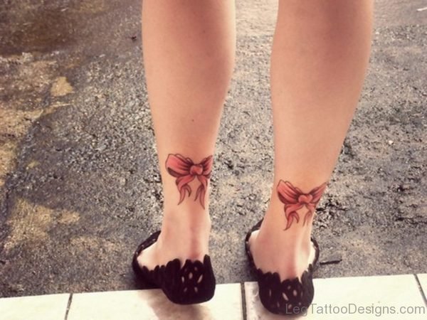 Brown Bow Tattoo On Leg
