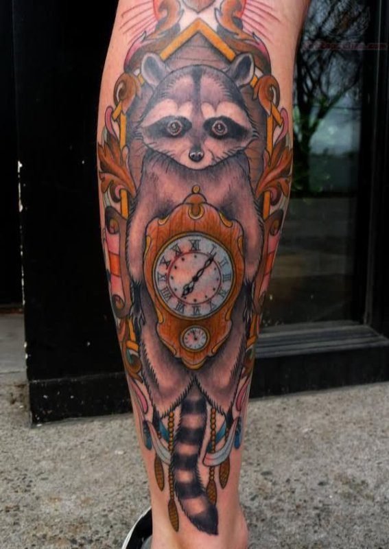Brown Clock Tattoo On Leg