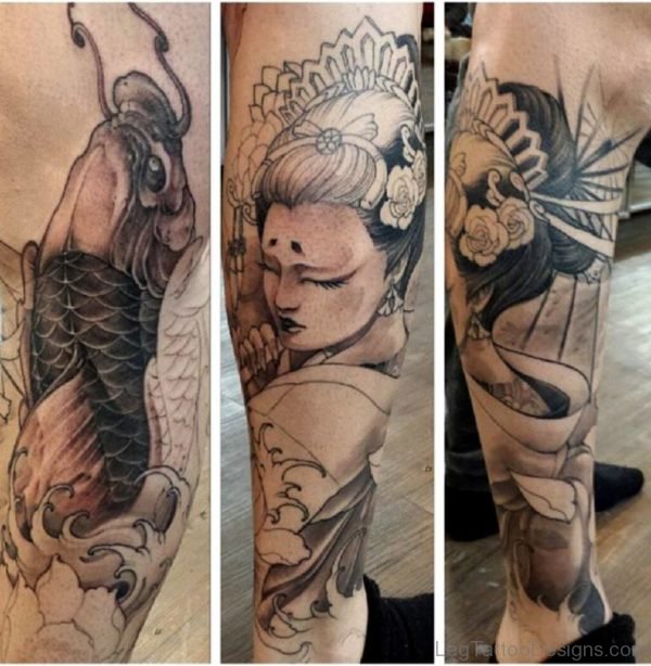 Buddha And Fish Tattoo On Leg