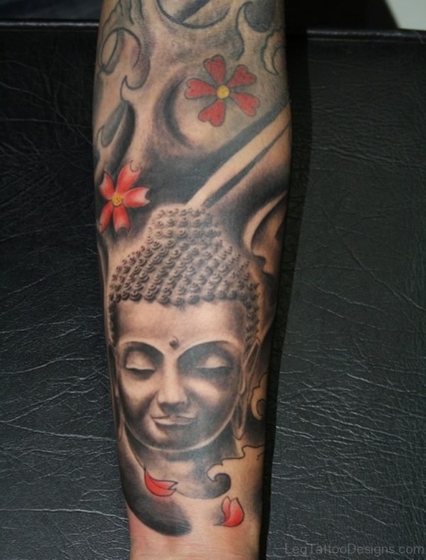 Buddha Face Flowers Tattoo On Foot