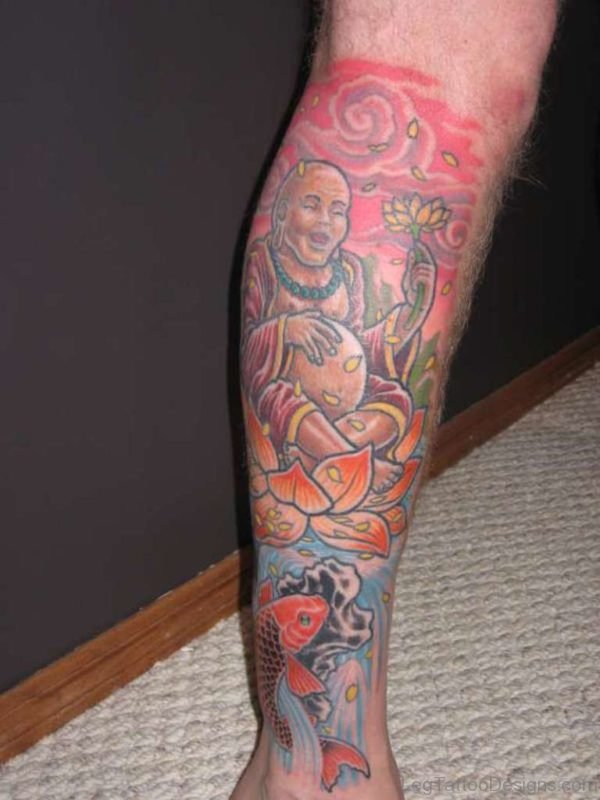 Buddha Fish Tattoo On Leg