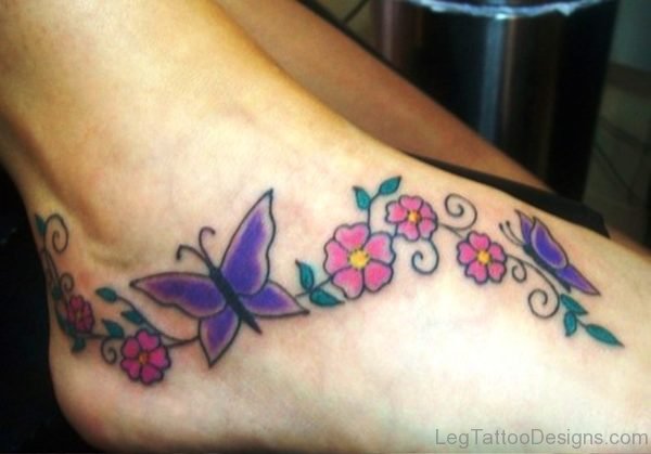 Butterflies And Flowers Tattoo On Foot