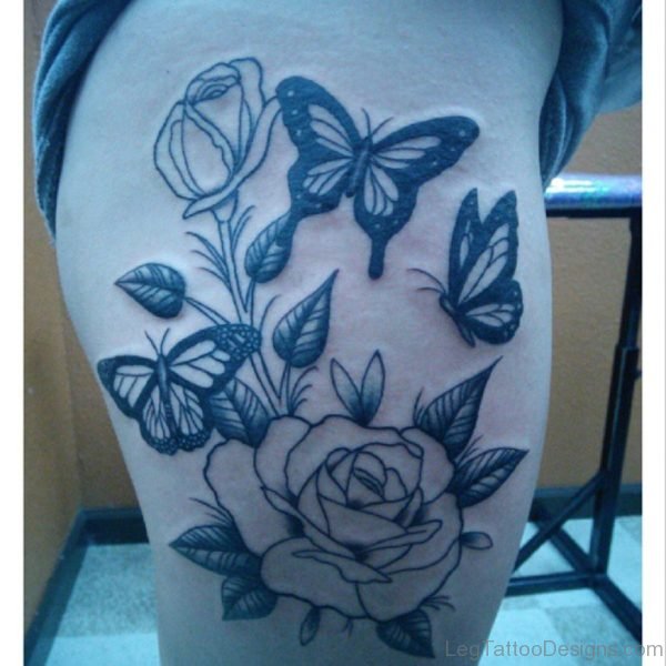 Butterflies With Black Outline Rose Tattoo