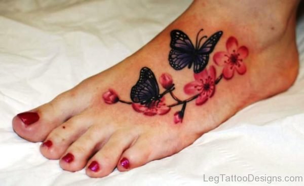 Butterflies With Flowers Tattoo On Foot
