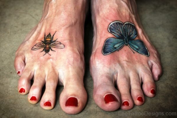 Butterfly And Bee Tattoo On Feet