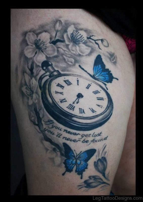 Butterfly And Clock Tattoo On Thigh