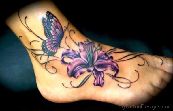 Butterfly With Flower Tattoo On Foot