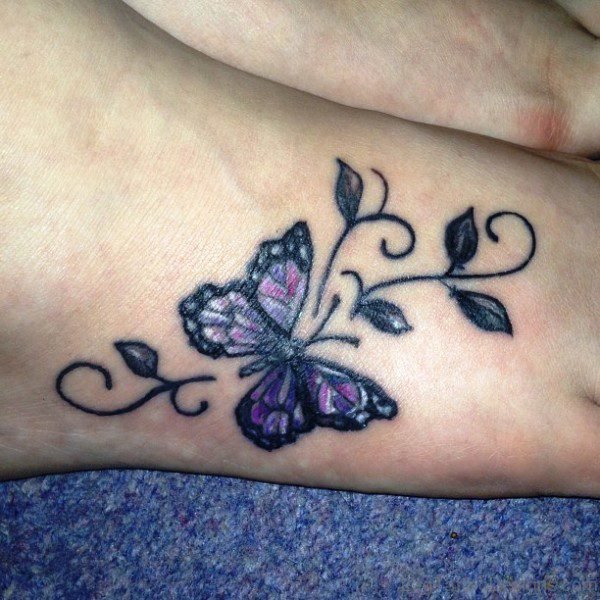 Butterfly With Leaves Tattoo On Foot