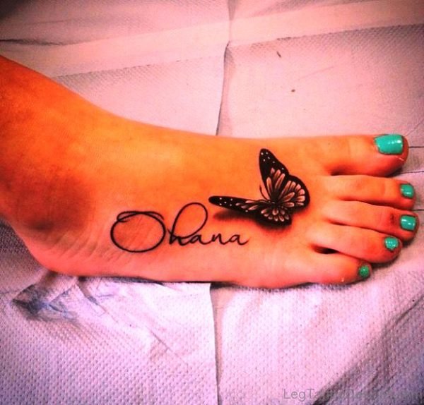 Butterfly With Name Tattoo On Foot
