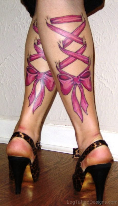 Cancer Ribbon Tattoo On Calf