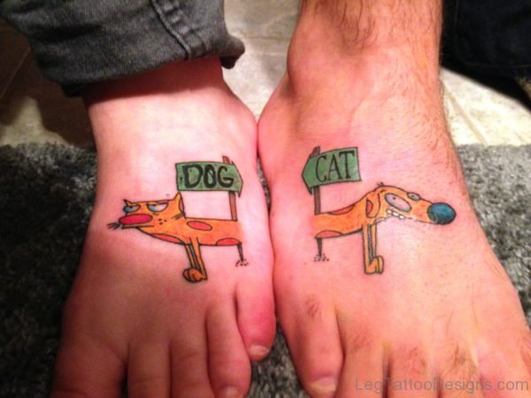 Cartoon Cat Tattoo With Dog On Foot