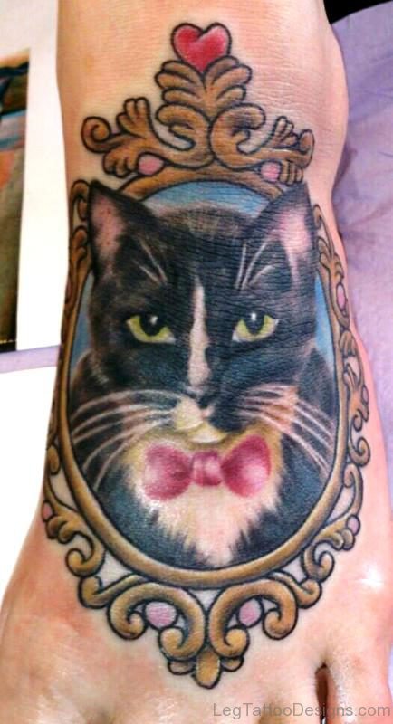 Cat Portrait Tattoo On Foot