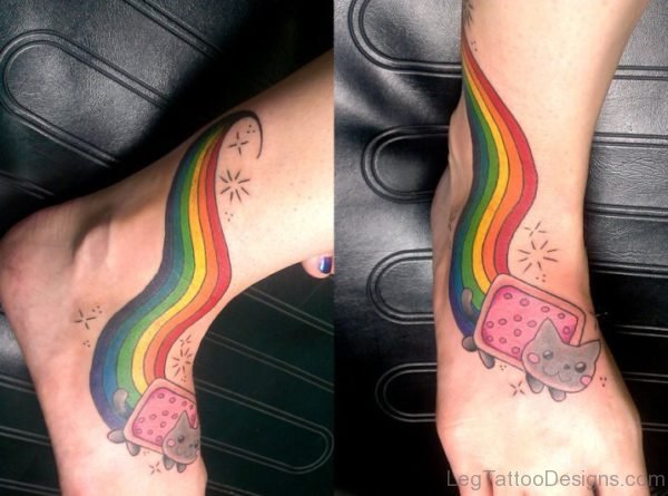 Cat Tattoo With Rainbow On Foot