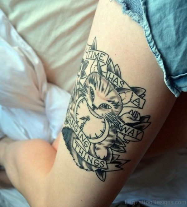 Cat With Clock Tattoo On Thigh