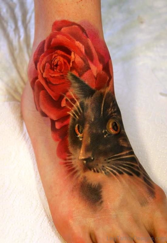 Cat With Rose Tattoo On Foot