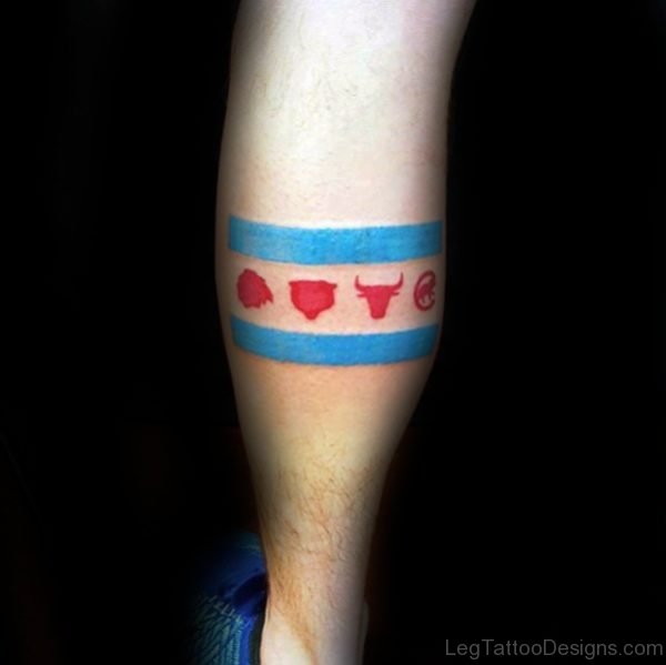 Chicago Flag Tattoo With Symbols On Calf