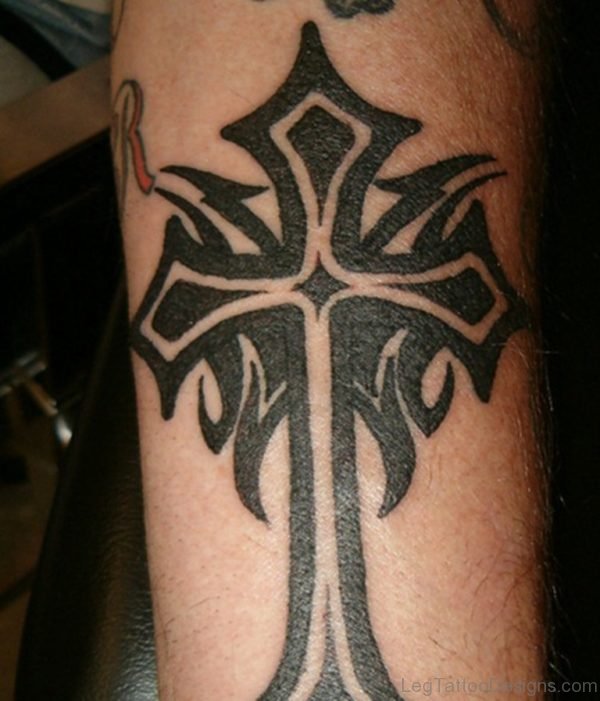 Classic Black Tribal Cross Tattoo Design For Leg