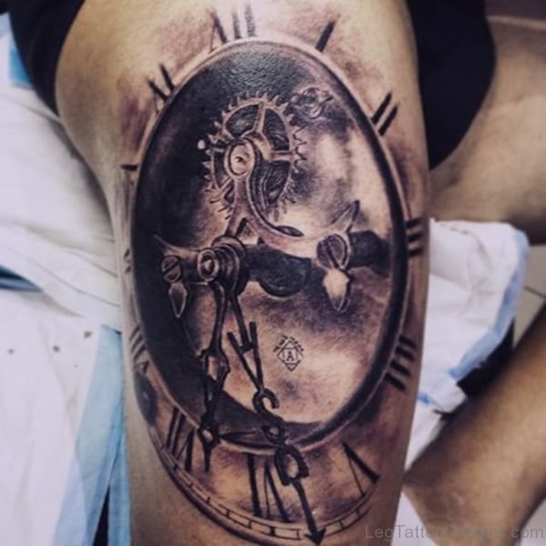 Classic Clock Tattoo On Thigh