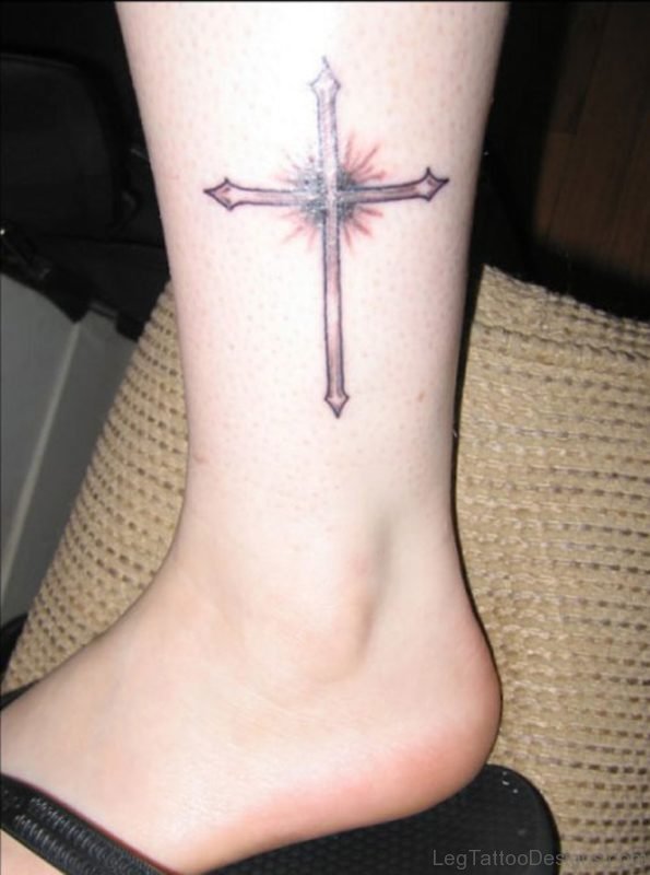 Classic Cross Tattoo On Leg 