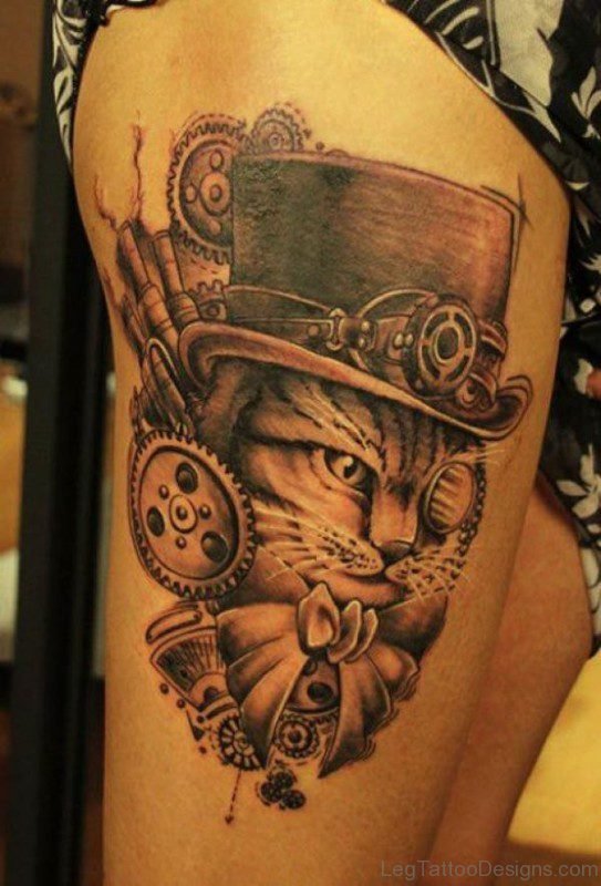 Classy Cat Tattoo on Thigh