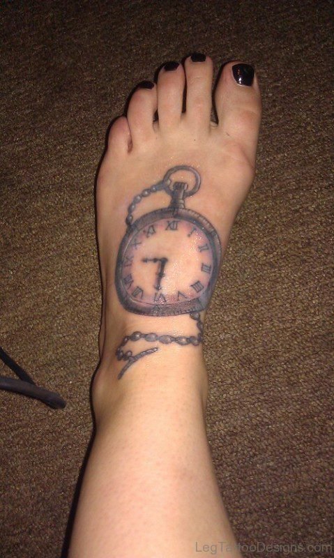 Classy Clock Tattoo On Foot