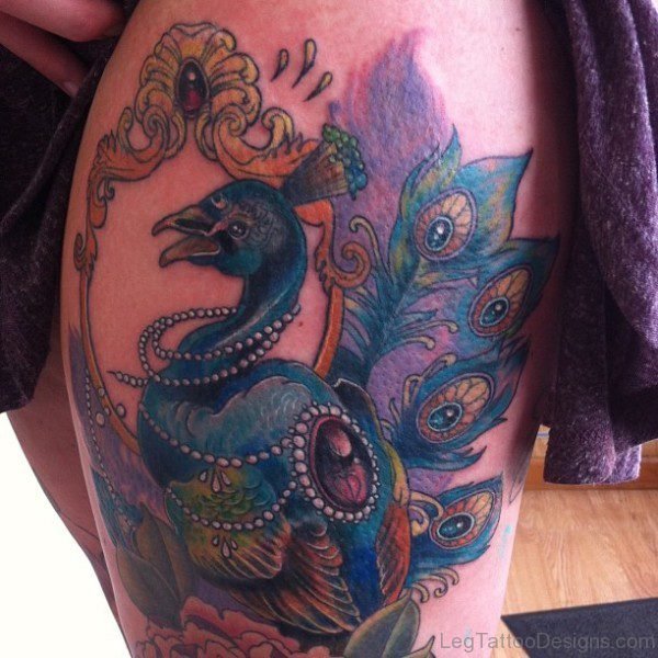 Classy Peacock Tattoo On Thigh