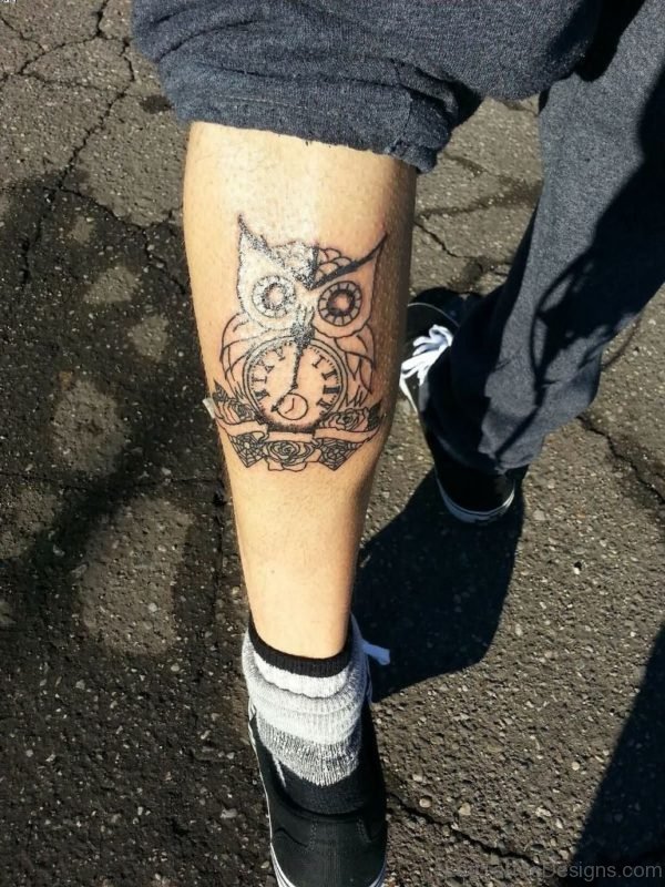 Clock And Owl Tattoo On Leg