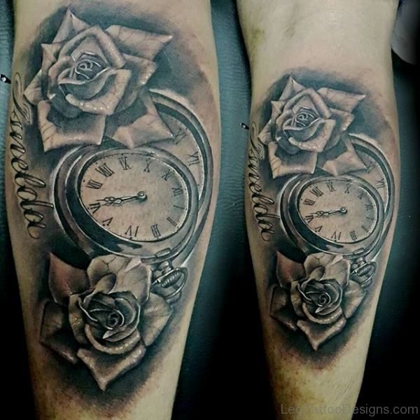 Clock And Rose Tattoo On Leg