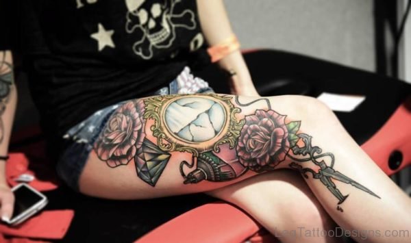 Clock And Rose Thigh Tattoo