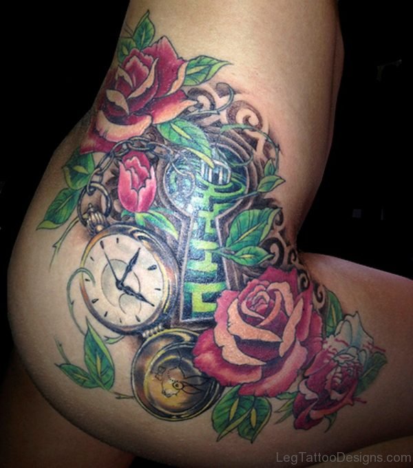 Clock And Rose Thigh Tattoo Image