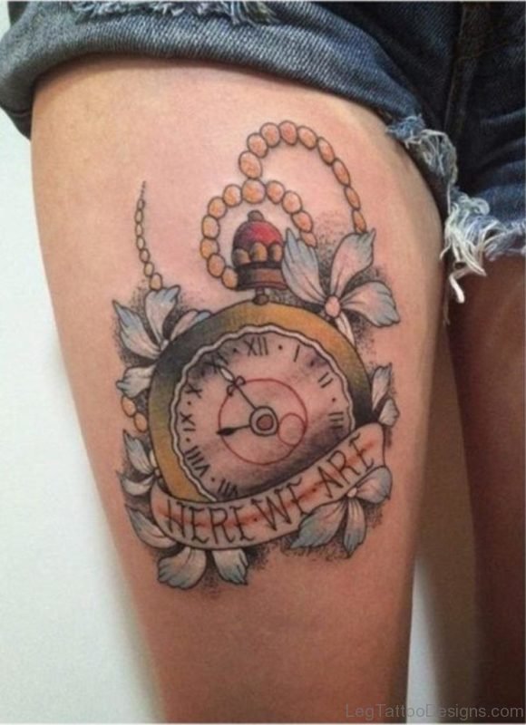 Clock Tattoo On Men Thigh