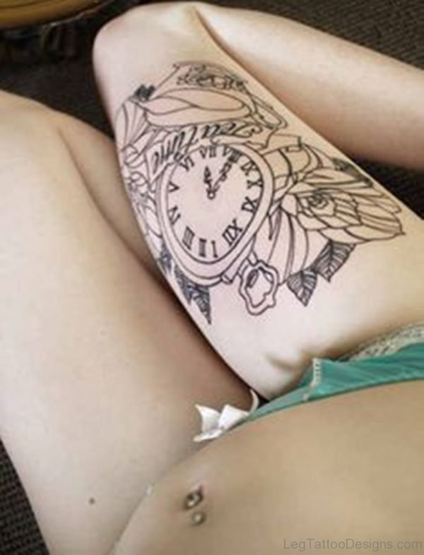 Clock Tattoo On Thigh