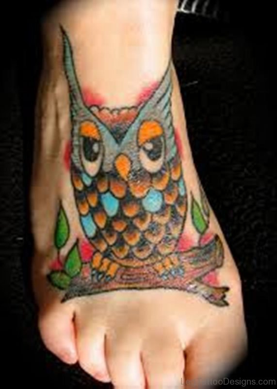 Color Horned Owl Tattoo On Foot