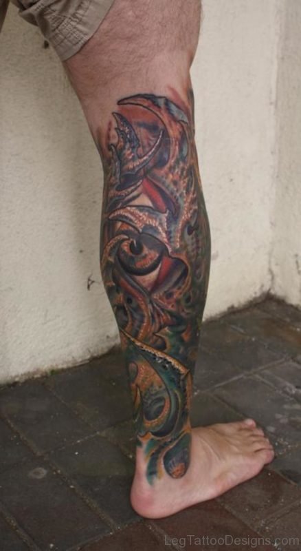 Colored Biomechanical Leg Tattoo