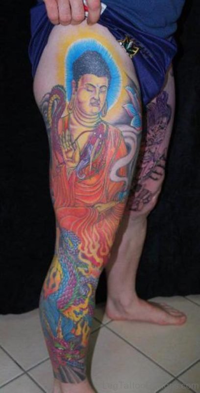 Colored Buddha Tattoo On Leg