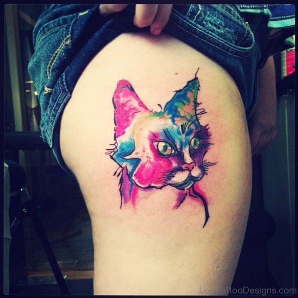 Colored Cat Head Tattoo On Thigh