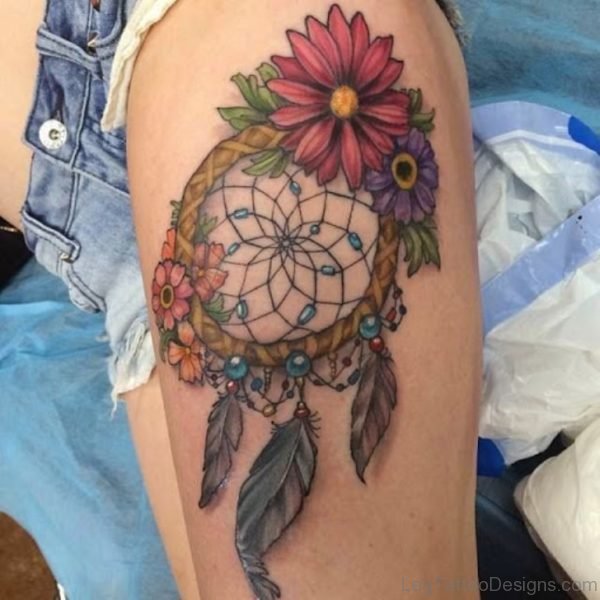 Colored Flowers And Dreamcatcher Tattoo