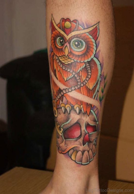 Colored Owl Tattoo For Leg
