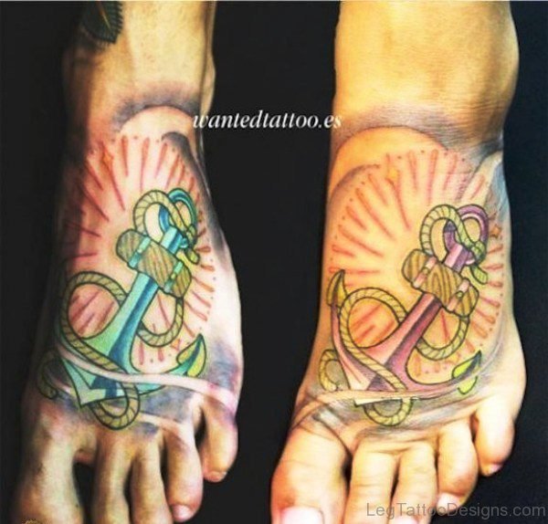 Colorful Anchor Tattoo On Feet